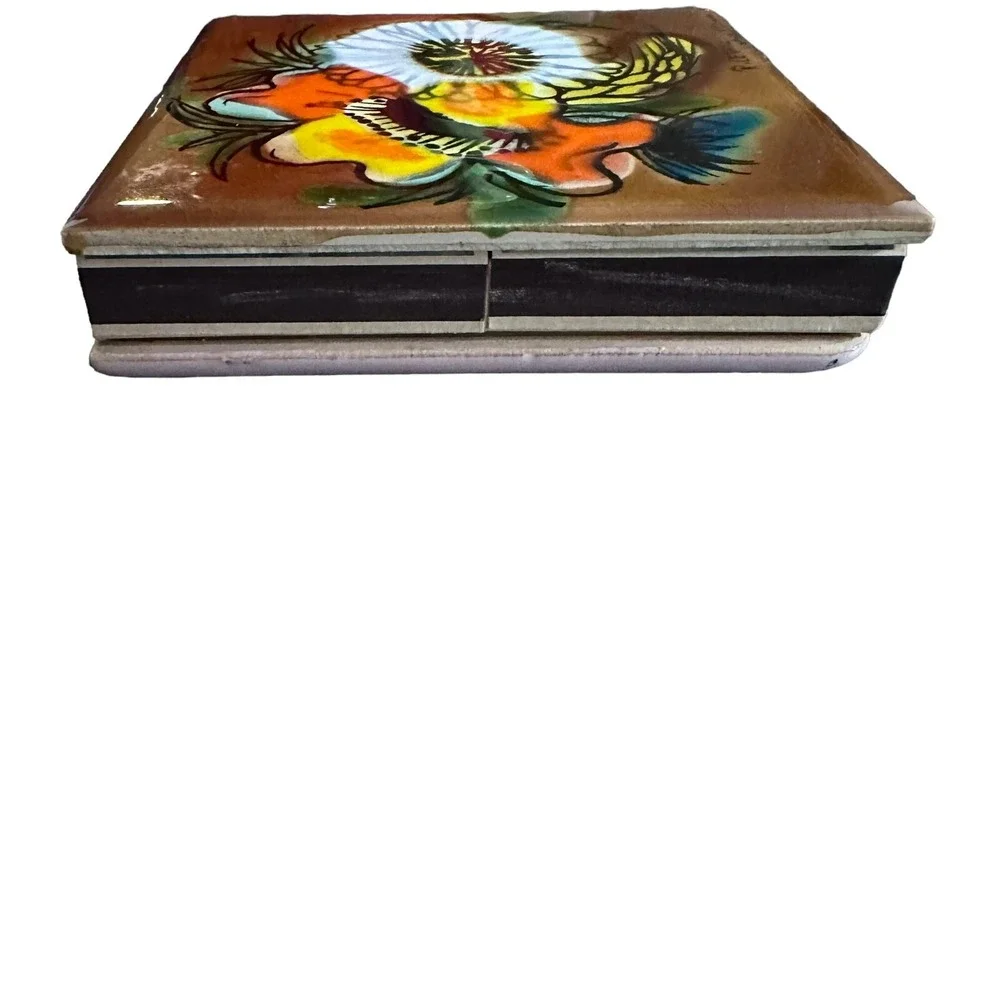 Vintage Ceramic Matchbox Tile Floral 4 Matchbooks Handmade 70's‎